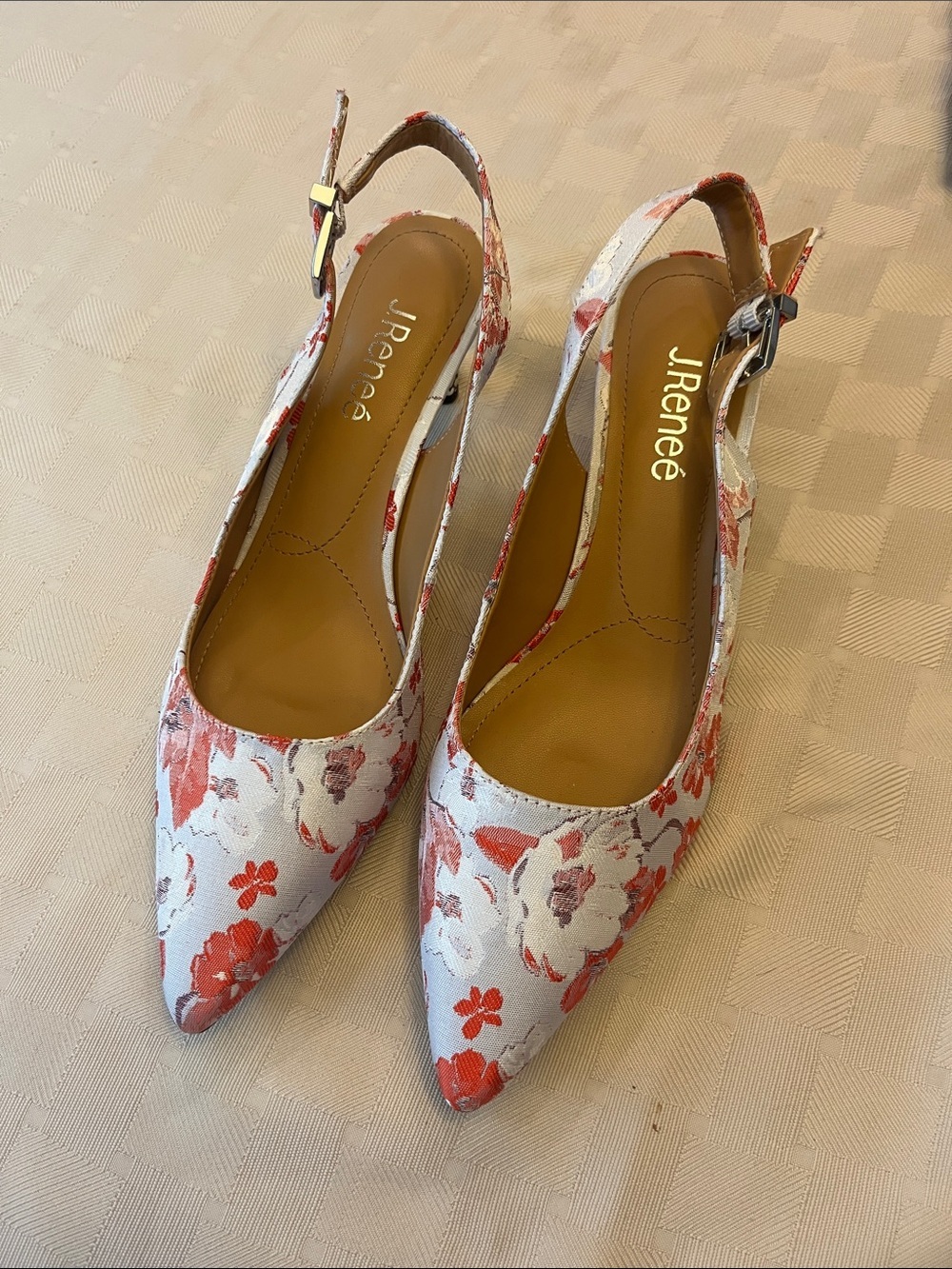 J.Renee White Slingback Pointed Flats with Coral Floral